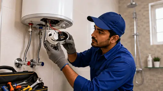 Geyser repair technician at work in Noida